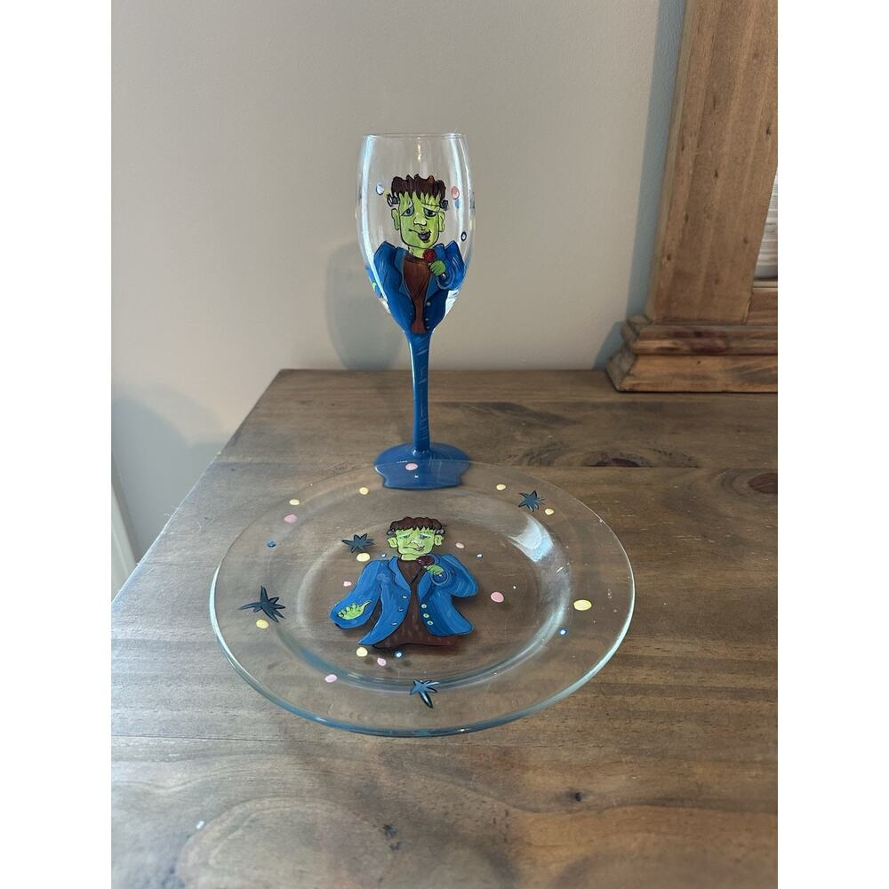 Hand Painted Halloween Frankenstein Wine Glass And Plate